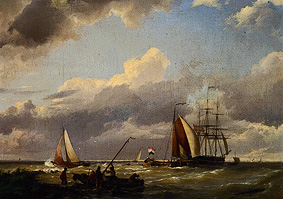 Dutch ships at light breeze into coastal proximity de Hermanus Koekkoek