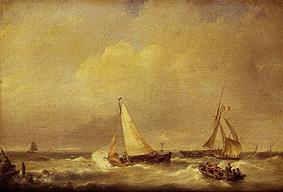 Sea landscape with sailing ships and a rowing boat de Hermanus Koekkoek