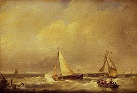Sea landscape with sailing ships and a rowing boat