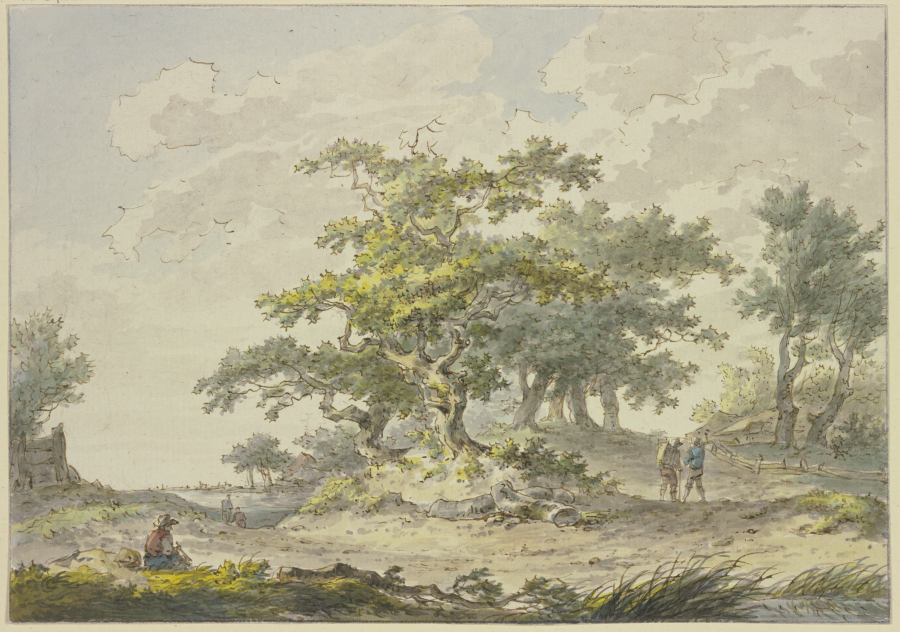 Gruppen von Eichbäumen, rechts zwei Wanderer, links eine sitzende Figur de Hermanus van Brussel