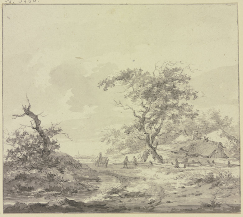 Hütten bei zwei großen Bäumen, auf dem Weg ein Wagen und zwei Männer am Zaun de Hermanus van Brussel