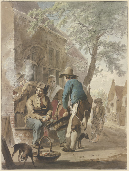 Vor einem Hause bietet ein Bauer mit einem Korb seine Erzeugnisse zum Kauf an, vorn links ein Hund,  de Hermanus van Brussel