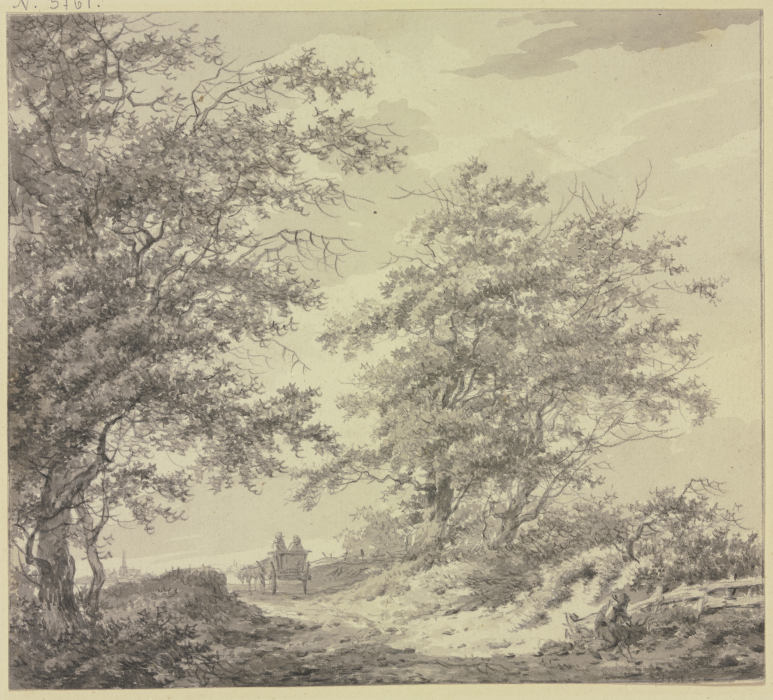 Weg zwischen zwei Baumgruppen mit einem Wagen, rechts am Zaun ein sitzender Mann de Hermanus van Brussel
