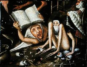 The Inferno, detail of a huddled and gagged creature next to a human monster holding up an open book