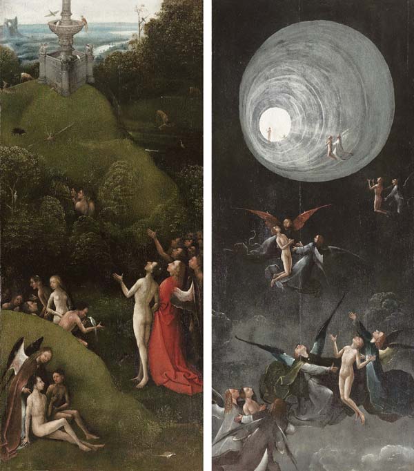 "El paraíso terrestre", detalle de visiones del más allá, dos (de cuatro) paneles de Jerónimo Bosch o El Bosco