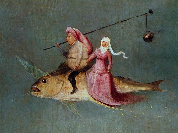 The Temptation of St. Anthony, right hand panel, detail of a couple riding a fish de Jerónimo Bosch o El Bosco