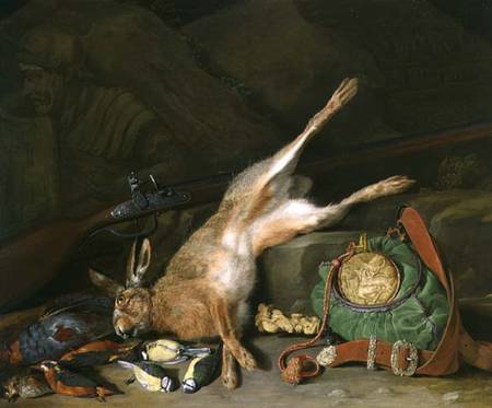 A Still life of a Hare with Hunting Equipment and a Musket de Hieronymus the Elder Galle