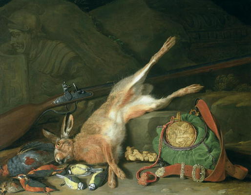 Still Life of a Hare with Hunting Equipment (oil on canvas) (for pair see 93439) de Hieronymus the Elder Galle