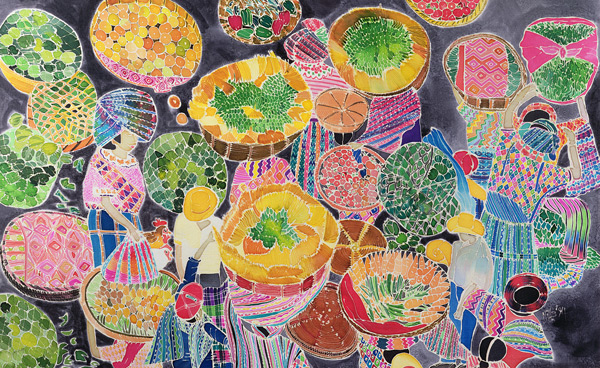 Baskets at Market (coloured inks on silk)  de Hilary  Simon