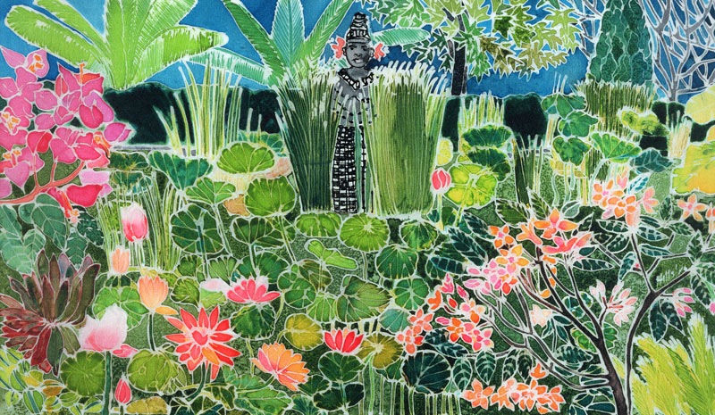 Lotus Pond, Ubud, Bali, 1997 (coloured inks on silk)  de Hilary  Simon