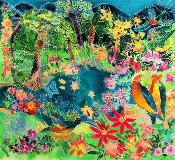 Caribbean Jungle, 1993 (coloured ink on silk)  de Hilary  Simon