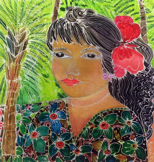 Lady with Hibiscus (coloured inks on silk)  de Hilary  Simon
