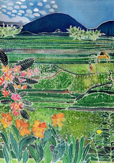 Lovina Ricefields with Lilies and Frangipani, Bali, 1996 (coloured inks on silk)  de Hilary  Simon