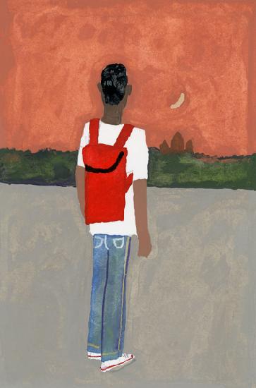 A traveler carrying a red backpack