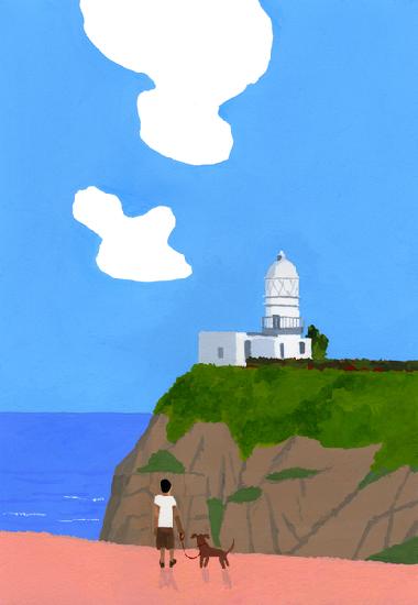 Lighthouse, dog and boys