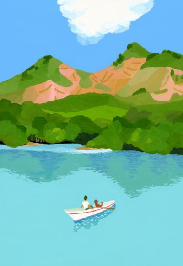 summer vacation in the mountains and boats