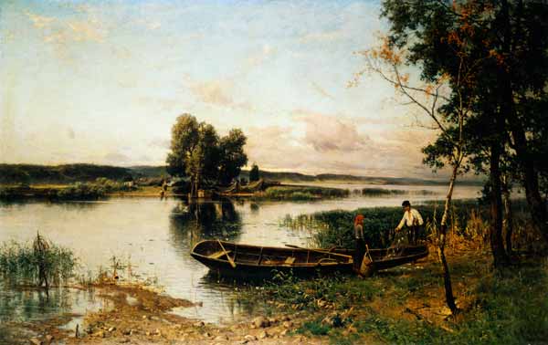 Fishermen unloading their catch in a river landscape de Hjalmar Munsterhjelm