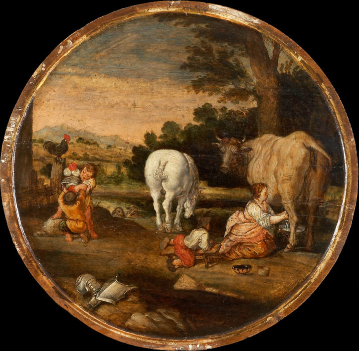 Country Scene with Milkmaid and Children Playing with Armour: March and April de Holländischer Meister um 1620