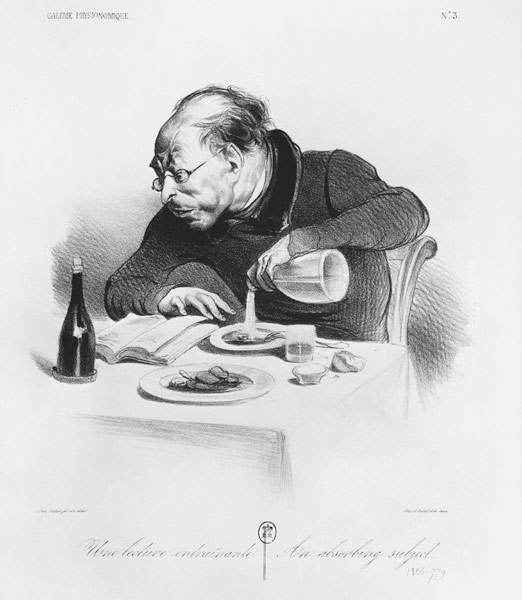 Series ''Galerie physionomique'', Une lecture entrainante, An absorbing subject, plate 3, illustrati de Honoré Daumier