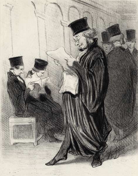 Lawyer Chabotard while reading in a legal journal a eulogy on himself...  (From the series "Les gens de Honoré Daumier