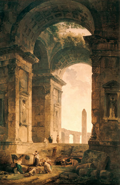 Blick aus Ruinen auf einen Obelisk de Hubert Robert