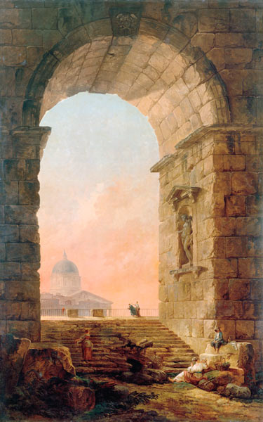 Landscape with an Arch and the St. Peter's Basilica in Rome de Hubert Robert