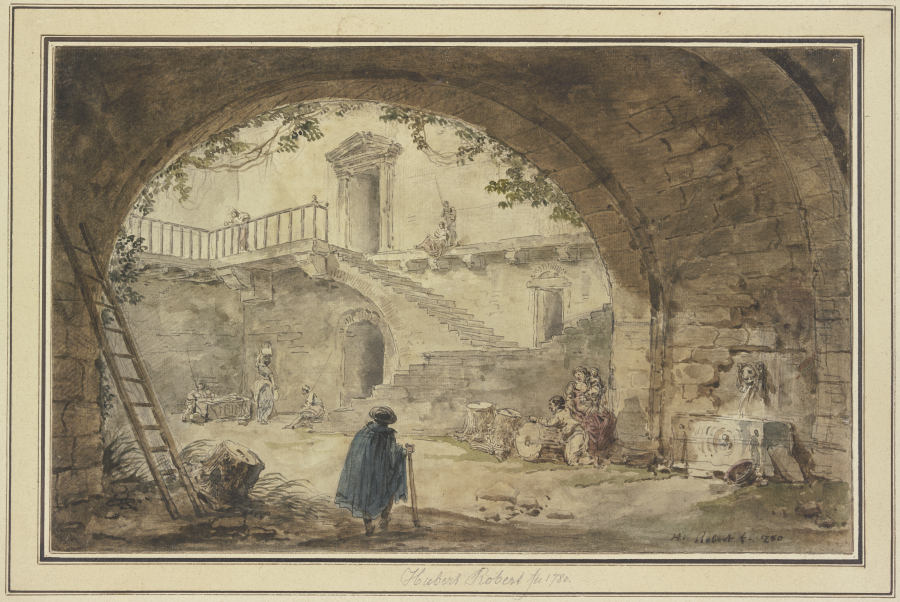 Gewölbe mit antikem Brunnen und Aussicht auf eine Treppe de Hubert Robert