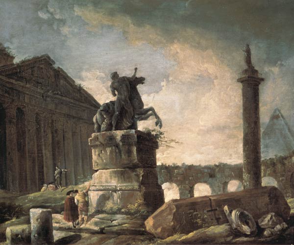 Ruins with statue and ornamented column de Hubert Robert