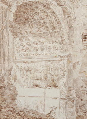 The Triumph of Rome, arc of Titus (red chalk on paper) 88;Le triomphe de Rome; char; arc; de Hubert Robert