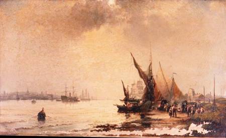 Fisherfolk on the Shore in a Calm Estuary Scene at Daybreak de Hubert Thornley