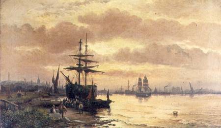 Fisherfolk on the Shore of an Estuary at Sunset de Hubert Thornley