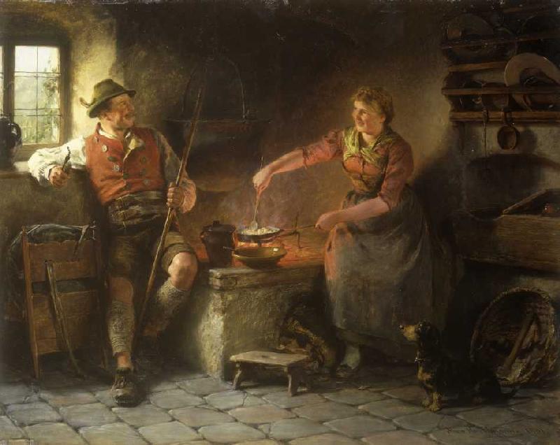 Small chat in the kitchen de Hugo Wilhelm Kauffmann