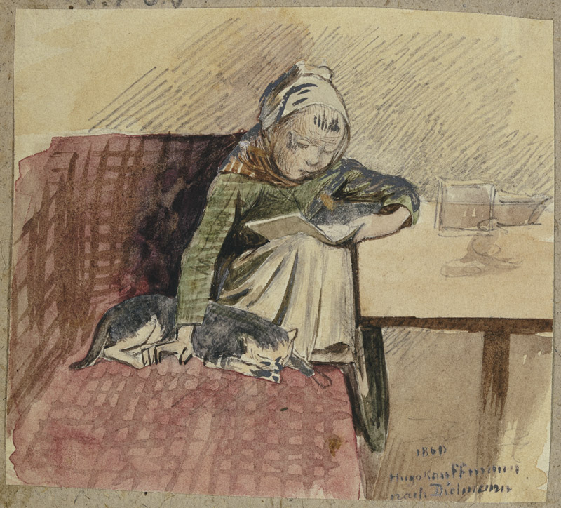 Lesendes Kind mit Katze auf der Bank de Hugo Kauffmann