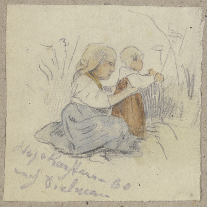 Kleines Mädchen mit Kind am Boden de Hugo Kauffmann