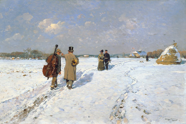 Musicians in winter returning home de Hugo Mühlig