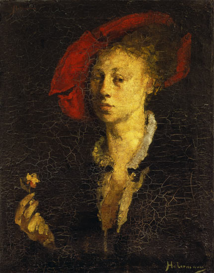 Mujer con gorra roja de Hugo von Habermann