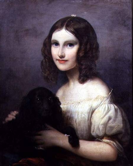 Portrait of a young girl with her pet dog de Hugues Merle