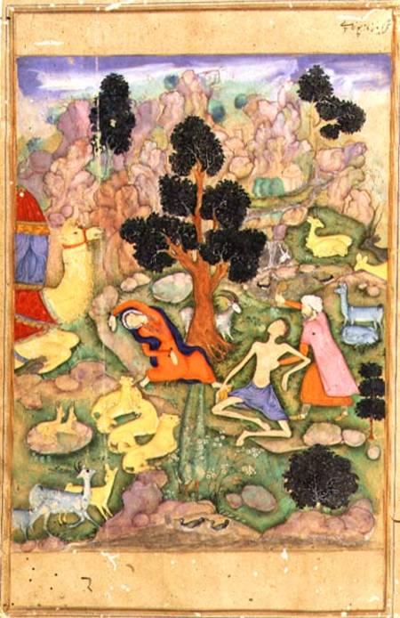 f.28a Layla and Majnun faint at their meeting, illustration to a poem of the Khamsa called 'Majnun L de Husain  Naquash