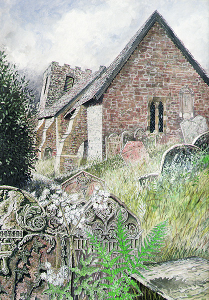 Cwmyoy Church, Gwent, 1994 (gouache on card)  de Huw S.  Parsons