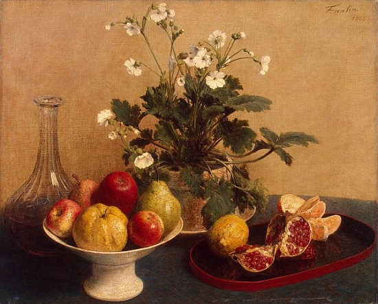 Flowers, dish with fruit and carafe de Ignace Henri Jean Fantin-Latour