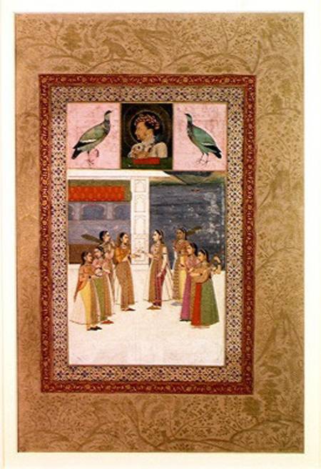 Ms E-14 Portrait of Djahangir (1569-1627) two birds and noble women in conversation de Indian School