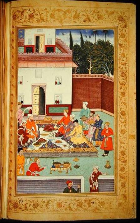 OR 3714 f.260v Mughal Emperor Feasting in a Courtyard, from the Baburnama of Dhanraj de Indian School
