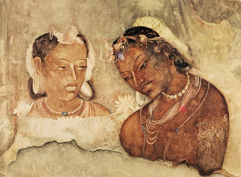 A Princess and her Servant, copy of a fresco from the Ajanta Caves, India de Indian School