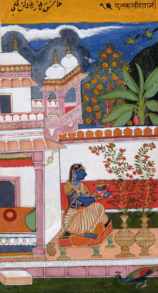 A lady picking flowers from a pot, Bundi, Rajasthan, Rajput School, c.1680, de Indian School