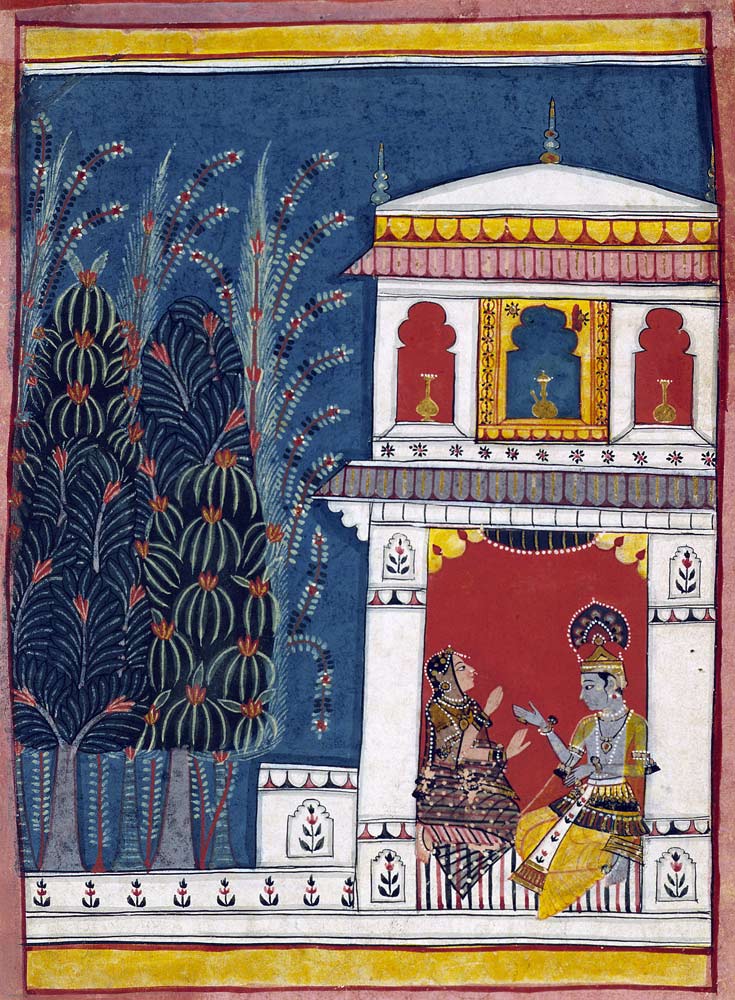 Krishna and a lady in a pavilion de Indian School