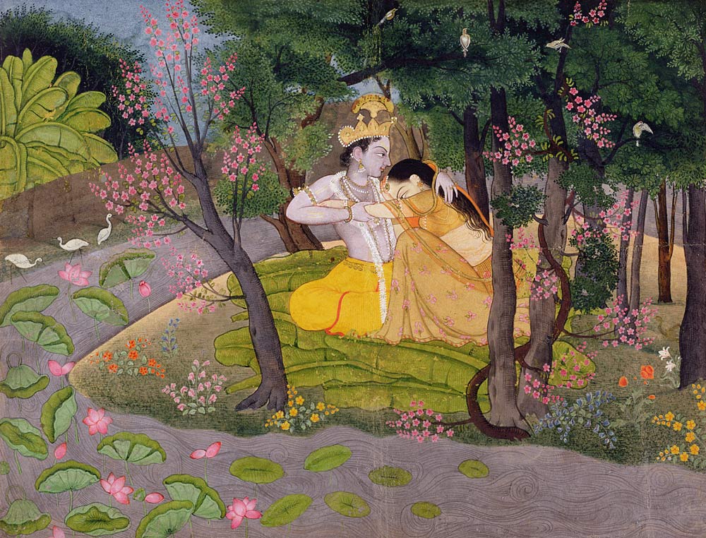Radha and Krishna embrace in a grove of flowering trees de Indian School