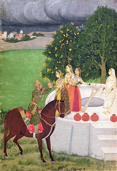 A Prince begging water from women at a well, Mughal, c.1720 de Indian School