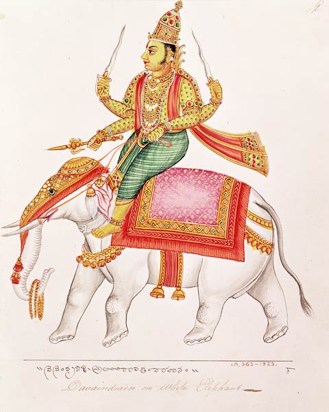 Indra, God of Storms, riding on an elephant, 1820-25 de Indian School