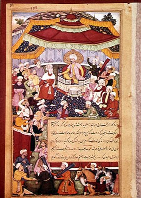 The King on his throne surrounded by his courtiers de Indian School