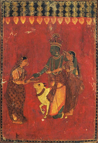 Krishna and Radha with a Cow and a Gopi de Indian School